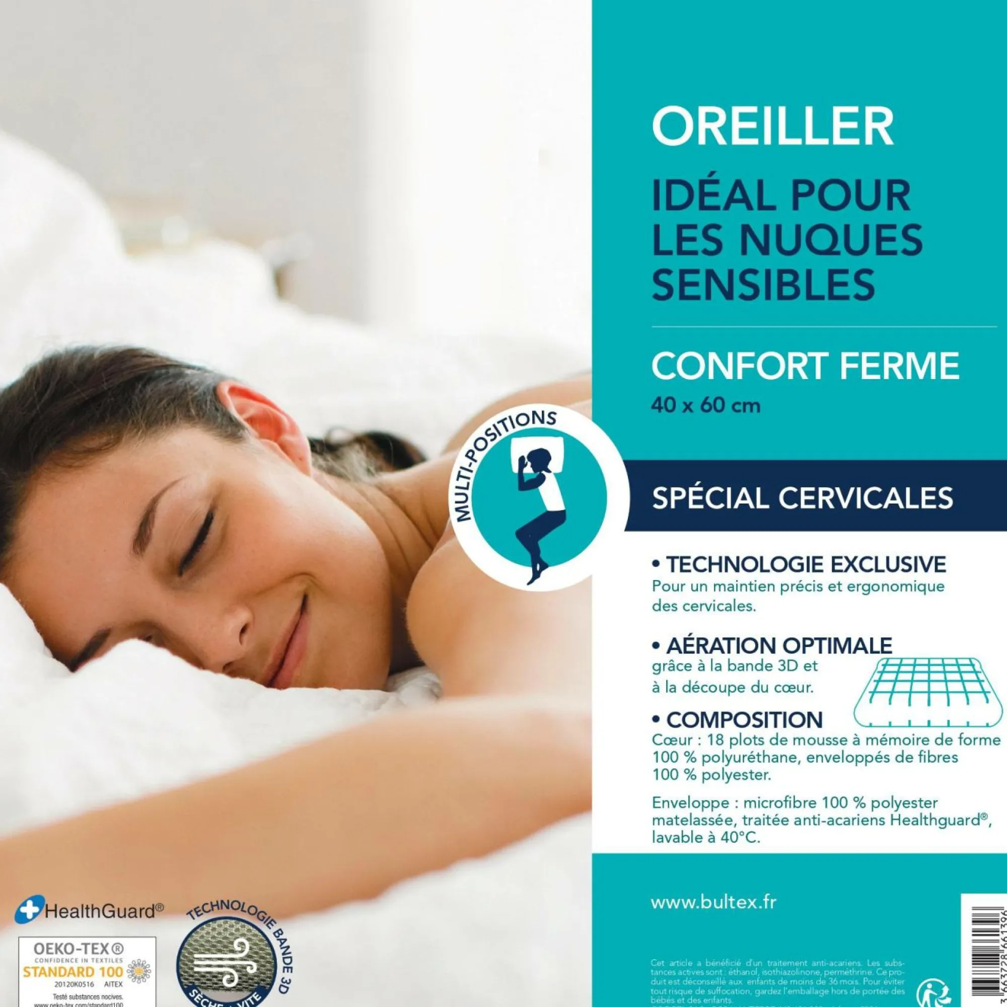 Camif Oreillers|Oreillers>BULTEX Oreiller ferme en mousse à mémoire de forme Spécial Cervicales - 40 x 60 cm