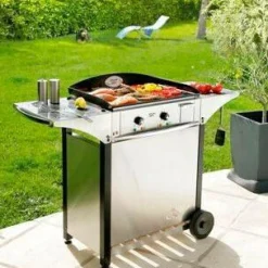 Camif Ensembles Planchas Et Dessertes|Planchas>ROLLER GRILL Ensemble Plancha émaillé 400x400 gaz + desserte bois/inox